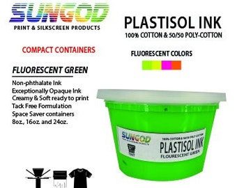 Fluorescent green plastisol ink for 100% Cotton and 50/50 Cotton Blend. Small Runs / Garage Printer / Home Printer / Space Saver Containers