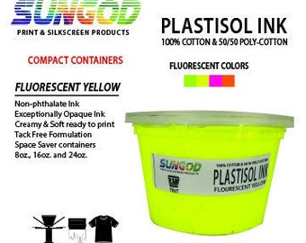 Fluorescent Yellow plastisol ink for 100% Cotton and 50/50 Cotton Blend. Small Runs / Garage Printer / Home Printer / Space Saver Containers