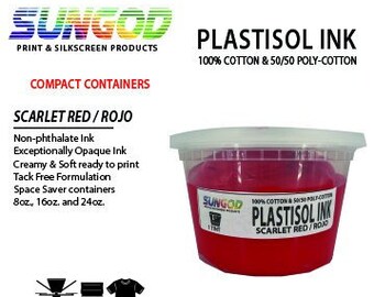 May include: A red, non-phthalate plastisol ink in a plastic container. The ink is labeled "Scarlet Red/Rojo" and is for use on 100% cotton and 50/50 poly-cotton fabrics. The container is available in 8oz, 16oz, and 24oz sizes.