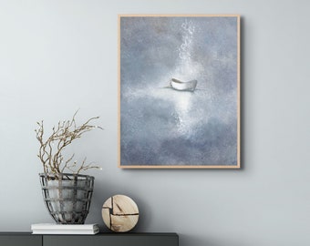 Original Artwork Painting Hand Pained Acrylic Painting Blue Boat Painting Minimalist Painting Abstract Painting Ready to Hang: Free Shipping