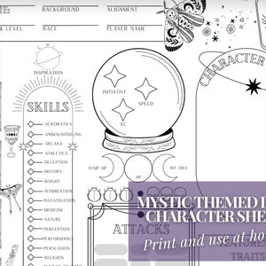 Dungeons and Dragons Downloadable Mystic Themed Character Sheet - Tarot, Witch DND 5e Sheet / Download and Print From Home