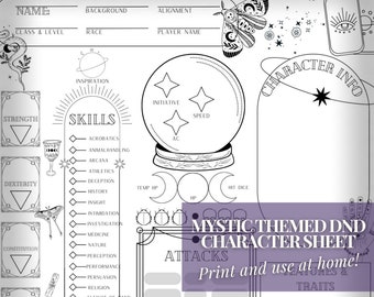 Dungeons and Dragons Downloadable Mystic Themed Character Sheet - Tarot, Witch DND 5e Sheet / Download and Print From Home