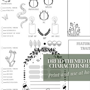 Hoja de personajes para colorear de dragones y mazmorras inspiradas en druidas / Página de campaña temática de clase DND 5E / Imprimir desde casa / Descarga digital
