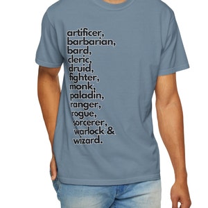 Dungeons and Dragons Class List T Shirt | DND Classes Merch | Warlock, Wizard, Rogue, Bard, Barbarian, Ranger, Druid, and More