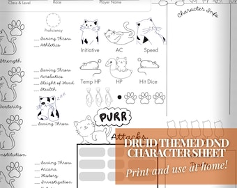 Dungeons and Dragons Cat Themed Character Coloring Sheet / Kitty DND 5e Campaign Page / Download and Print From Home