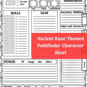 Puede incluir: Una hoja de personaje en blanco y negro para un juego de rol de Pathfinder. La hoja está ambientada con runas antiguas y tiene secciones para atributos, habilidades, equipo, poderes y obstáculos. La hoja se titula "Ancient Rune Themed Pathfinder Character Sheet".