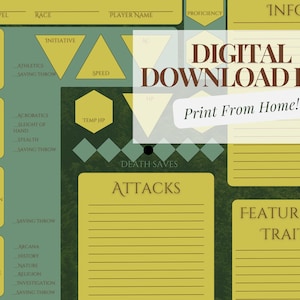 Digital Download DND Character Sheet / Green and Gold Dungeons and Dragons Printable Sheet / Druid & Ranger Themed / Nature Woods Forest