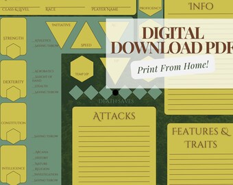 Digital nedladdning DND-karaktärsblad / Grönt och guld Dungeons and Dragons utskrivbart blad / Druid & Ranger-tema / Natur Skog