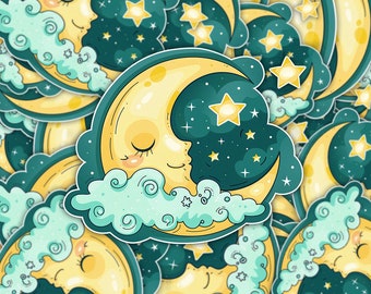 Sleepy Moon and Stars Sticker Dreamy Space Design