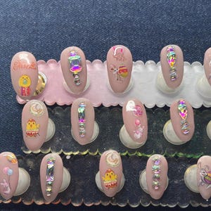 Easter acrylic nails with builder gel overlay