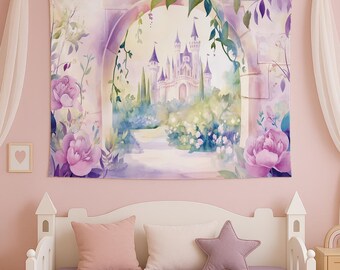 Flora’s Garden Castle Tapestry – Fairytale Princess Wall Art | Nursery Tapestries | Floral Decor Wall Hanging