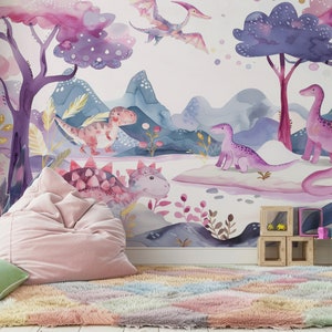 Murale Dino Pals - Carta da parati per cameretta dei bambini / Arte murale per bambini / Murale illustrato