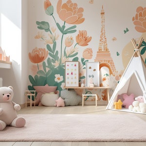 Paris Garden Wallpaper- Nursery Eiffel Tower Wallpaper | Children&#39;s Floral Wall Art | Playroom Illustrated Mural