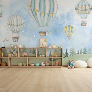 Carta da parati con mongolfiera - Carta da parati con mongolfiera per cameretta dei bambini / Arte murale per bambini / Murale illustrato con libri di fiabe