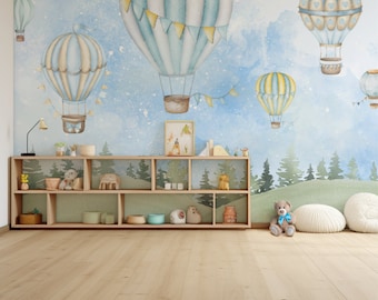 Hot Air Balloon Wallpaper- Nursery Hot Air Balloon Wallpaper | Children's Wall Art | Storybook Illustrated Mural