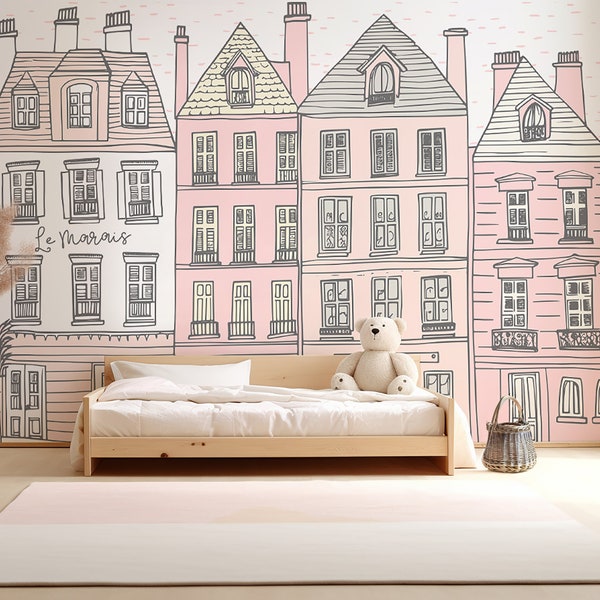 Parisian Street Wallpaper- Nursery Paris Wallpaper | Children's Wall Art | City Illustrated Mural