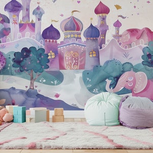 Murale Majestic Elephant & Palace - Carta da parati per cameretta dei bambini / Arte murale per bambini / Murale illustrato