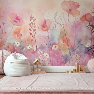 Sogni di fiori selvatici - Carta da parati per cameretta dei bambini / Arte murale per bambini / Murale illustrato