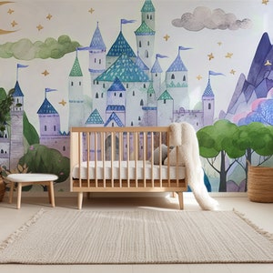 Carta da parati "Castello Incantato" (BLU) - Carta da parati per cameretta dei bambini / Arte murale per bambini / Murale illustrato