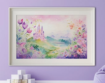 May include: A framed watercolor print featuring a pink castle situated on a green hill, surrounded by vibrant purple and pink flowers, with a soft landscape of rolling hills and a pale sky in the background, all enclosed in a white frame.