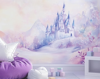 Elsa&#39;s Frozen Castle Mural- Nursery Wallpaper | Children&#39;s Wall Art | Illustrated Mural