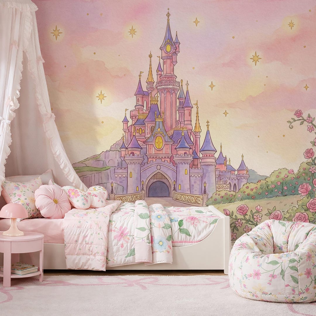 Princess Castle Wall Mural for Girls Bedroom – Pink Fairytale Wallpaper ...
