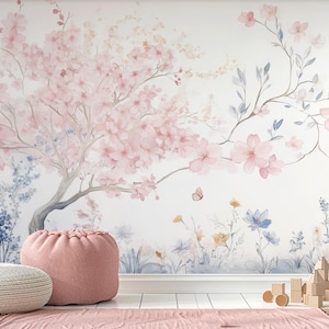 Murale con fiori primaverili - Carta da parati per cameretta dei bambini / Arte murale per bambini / Murale illustrato