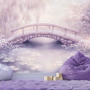 Verzauberte Brücke Tapete - Kinderzimmer Spielzimmer Tapete | Kinder Wand Kunst | Kinder Illustriertes Wandbild