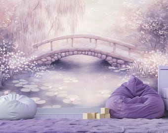 Enchanted Bridge Wallpaper- Nursery Playroom Wallpaper | Children&#39;s Wall Art | Kids Illustrated Mural