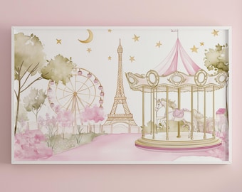 Een carrousel in Parijs-print-kwekerij Parijs Art Print | Kindermuurkunst | Stad geïllustreerde kunstafdruk