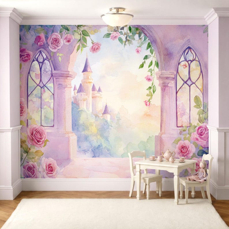 Turret And Roses Bella Tower Castle Wall Mural – Fairytale Wallpaper for Girls Bedroom ...
