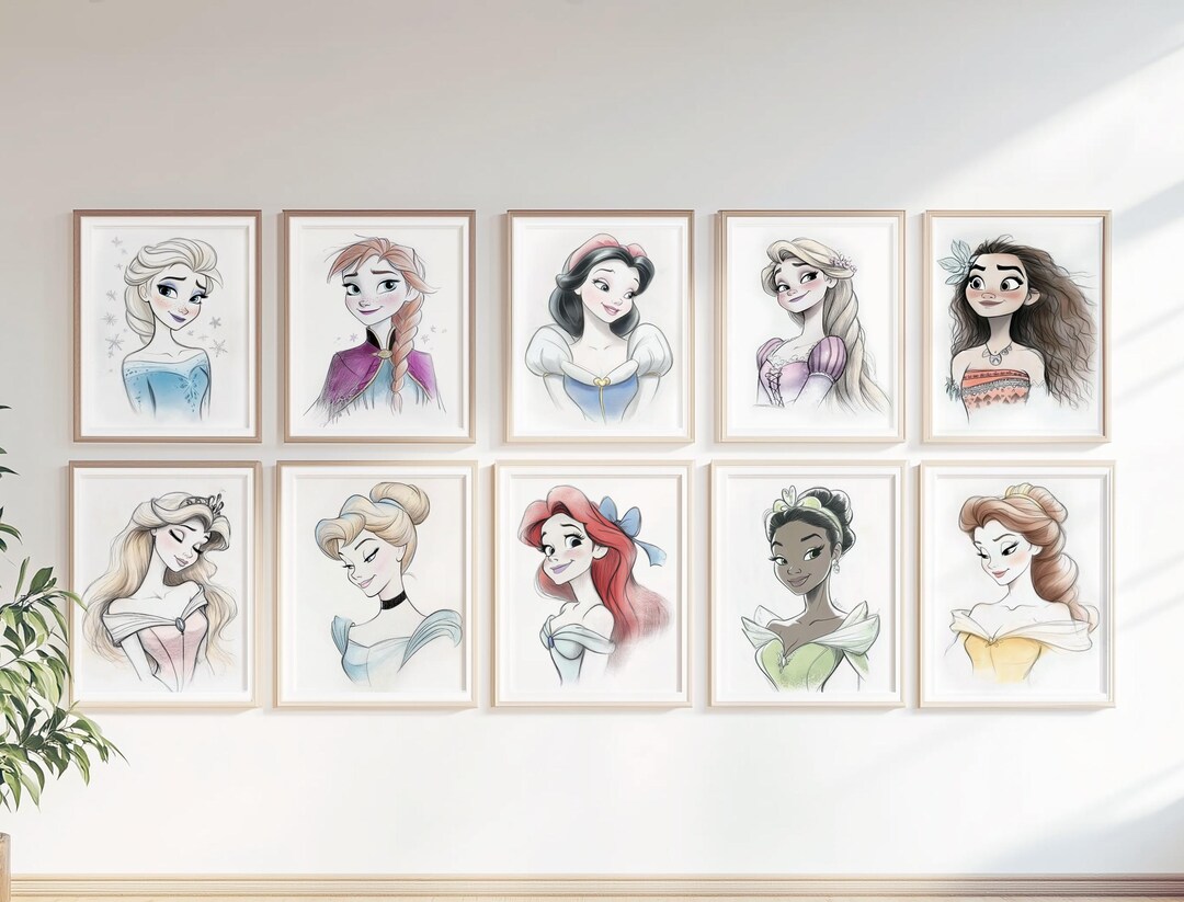 Princess Art Set of 15 Posters, Hand-drawn Watercolor Style, Printable ...
