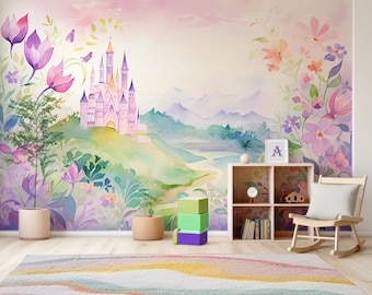 murale Château de conte de fées - Papier peint pour chambre d'enfant | Décoration murale pour enfants | Décoration murale illustrée