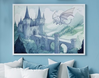 Dragon Fortress Castle Print-kwekerij Art Print | Kindermuurkunst | Geïllustreerde kunst