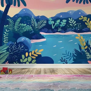 Murale "Island Tropics" - Carta da parati per cameretta dei bambini / Arte murale per bambini / Murale illustrato