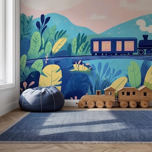 Carta da parati "Treno Tropical Express" - Carta da parati neutra per cameretta dei bambini / Arte murale per bambini / Murale illustrato per sala giochi