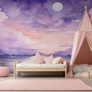 Murale cielo illuminato dalla luna - Carta da parati per bambini / Arte murale per bambini / Murale illustrato