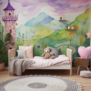 Murale della torre della principessa Raperonzolo - Carta da parati per cameretta dei bambini / Arte murale per bambini / Murale illustrato