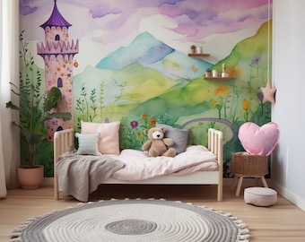 Princess Rapunzel Tower Mural - Nursery Wallpaper | Children&#39;s Wall Art | Illustrated Mural