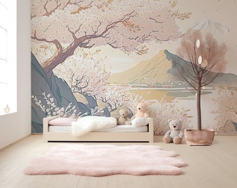 Cherry Blossom Mountains Wallpaper- Nursery Wallpaper | Children&#39;s Wall Art | Playroom Illustrated Mural