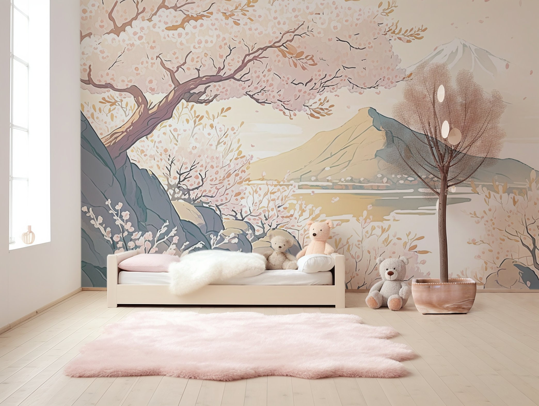 Cherry Blossom Mountains Wallpaper- Nursery Wallpaper | Children's Wall ...