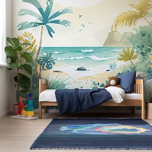 Carta da parati murale con spiaggia tropicale - Carta da parati con spiaggia per asilo nido / Arte da parete per bambini / Murale illustrato per sala giochi