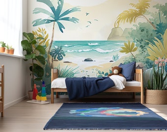 Tropical Beach Mural Wallpaper- Nursery Beach Wallpaper | Children&#39;s Wall Art | Playroom Illustrated Mural