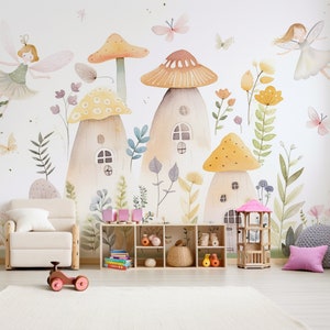 Murale con giardino di funghi fatati incantati - Carta da parati per cameretta dei bambini / Arte murale per bambini / Murale illustrato