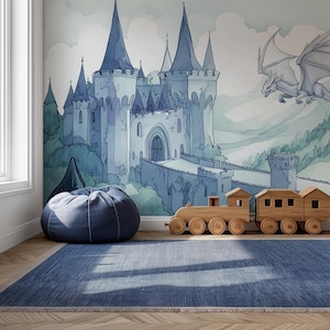 Carta da parati "Dragon Fortress Castle" - Carta da parati per cameretta dei bambini / Arte murale per bambini / Murale illustrato