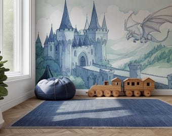 Dragon Fortress Castle Wallpaper- Nursery Wallpaper | Children&#39;s Wall Art | Illustrated Mural