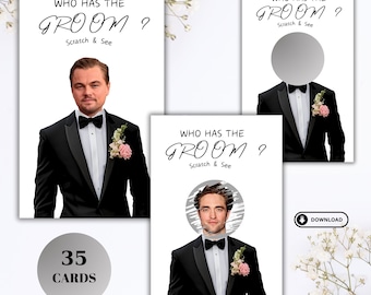May include: White cards with the text "WHO HAS THE GROOM? Scratch & See" and images of men in tuxedos. One card has a scratch-off circle. A circle with "35 CARDS" is also present.
