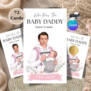 Vem har babyn pappa-spel, babyshower-skrapspel, redigerbar Canvas-mall, kändisbabypappa-spel, direktnedladdning