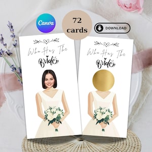 Könnte beinhalten: Zwei rechteckige Spielkarten mit dem Text Who Has The Bride und einem Herzmotiv. Eine Karte zeigt eine Frau mit dunklem Haar in einem weißen Kleid mit Blumenstrauß, während die andere einen goldenen Rubbelkreis über dem Gesicht hat.