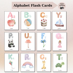 Cartões flash do alfabeto para crianças, cartões flash em aquarela, cartões flash abc, brinquedos educativos para crianças, cartões do alfabeto montessori pré-escolar